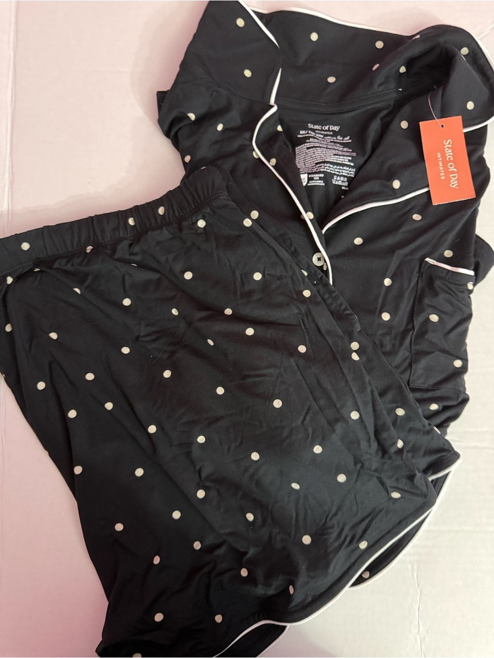 Black Polka Dot Satin-Trim Pajama Set